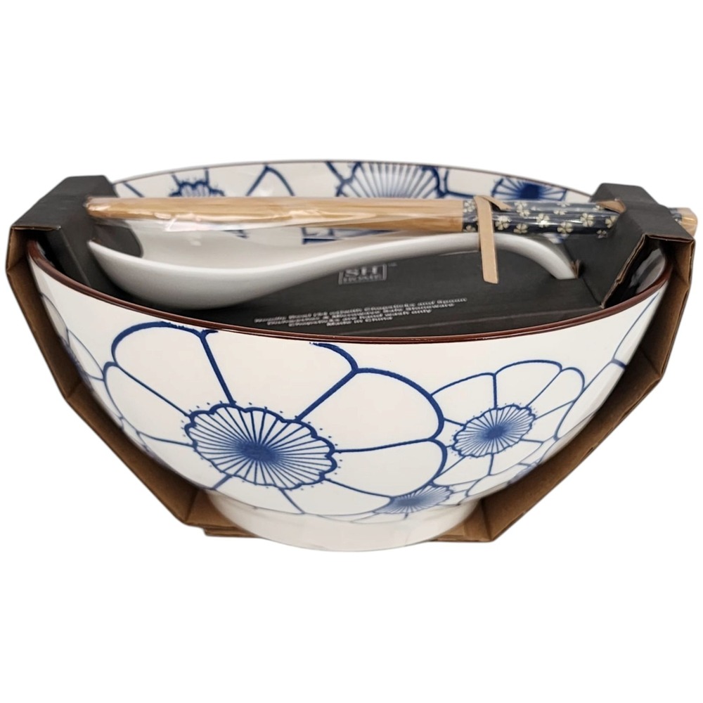 SH Home Blue‎ Lotus Ceramic Ramen Noodle Bowl 54oz With Chopsticks And Spoon 4pc